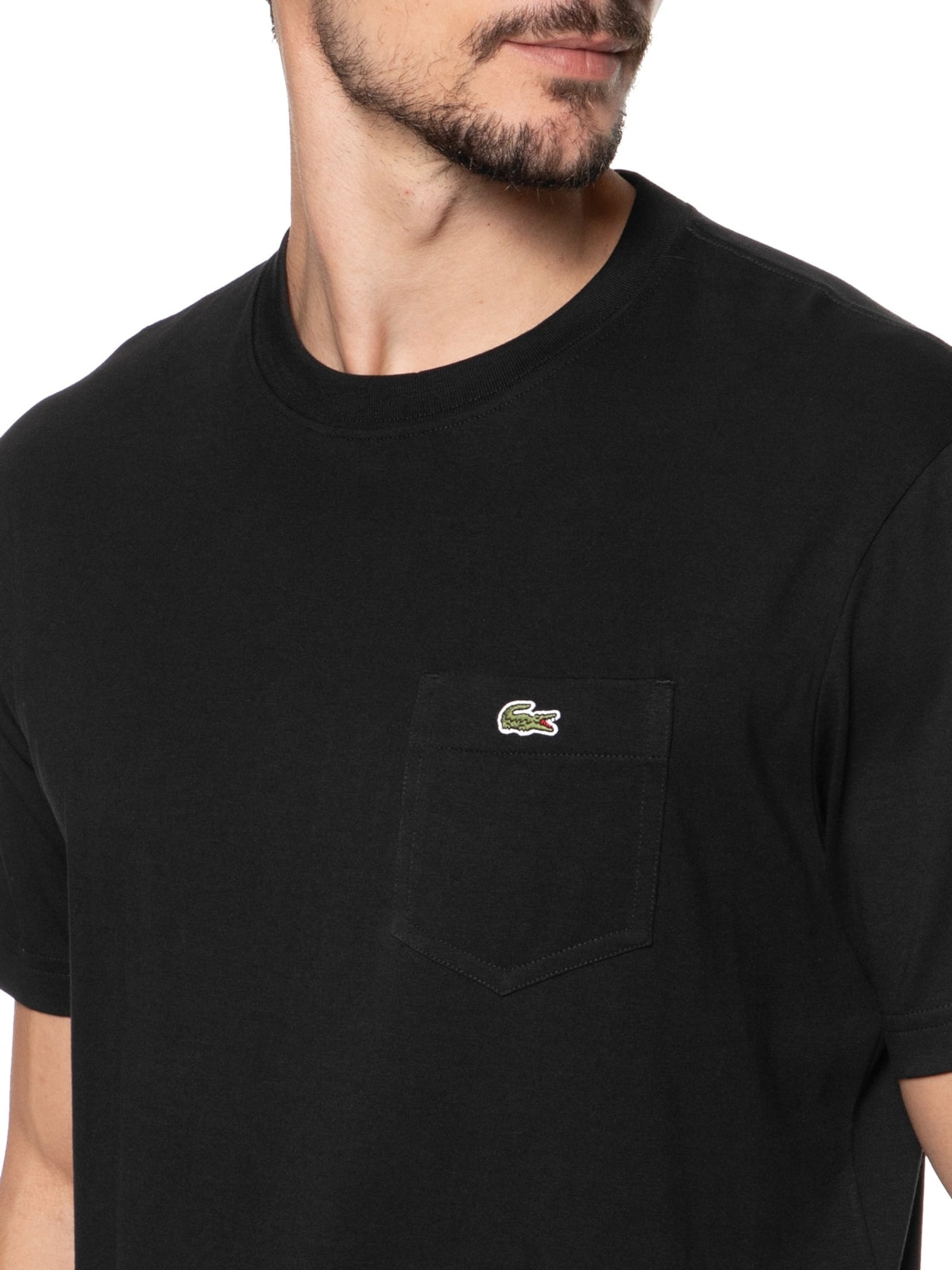 Camiseta Masculina Classic Fit Com Bolso No Peito Em Algodão Orgânico Preto Lacoste