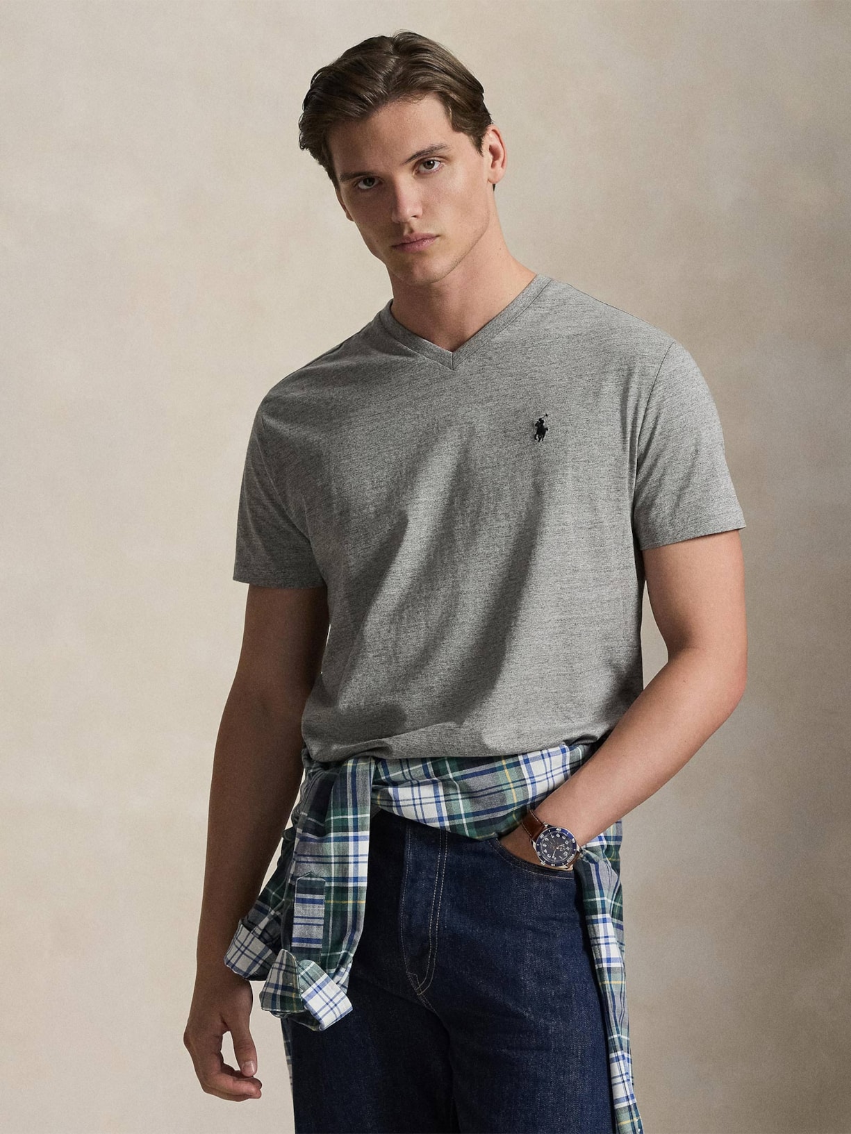 Camiseta Masculina Classic Fit Jersey V-Neck Cinza Polo Ralph Lauren