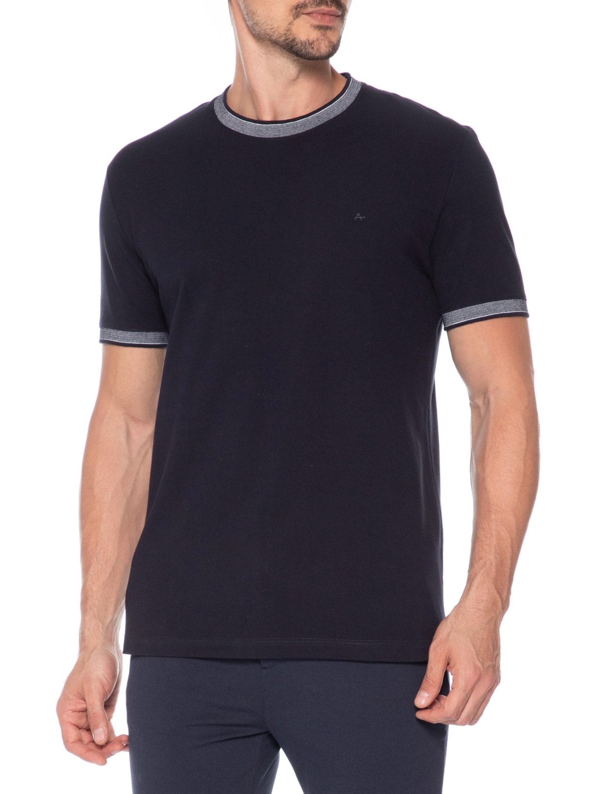 Camiseta Masculina Com Frisos Na Gola Azul Aramis
