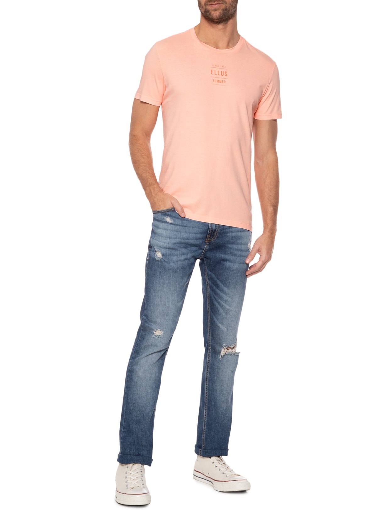 Camiseta Masculina Cotton Fine Summer Neon Classic Manga Curta Laranja Ellus