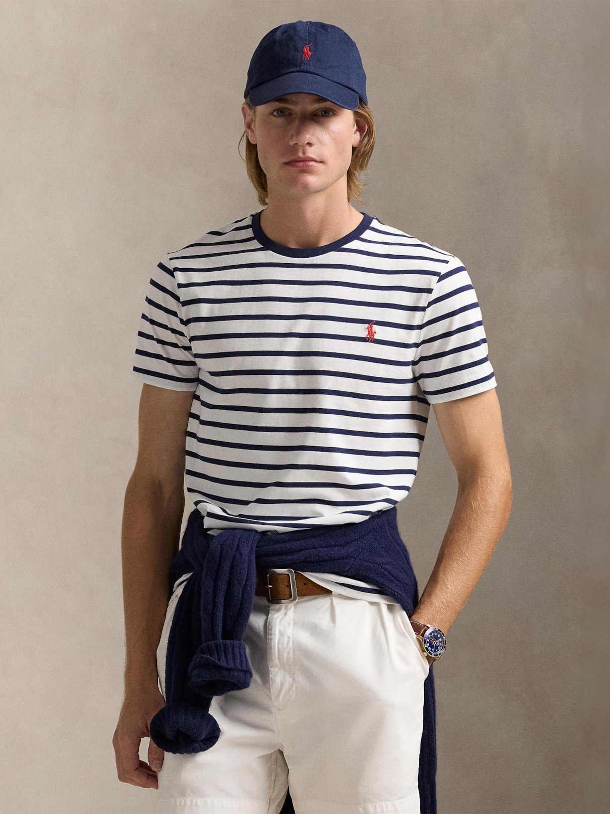 Camiseta Masculina Custom Slim Fit Striped Jersey Branco Polo Ralph Lauren