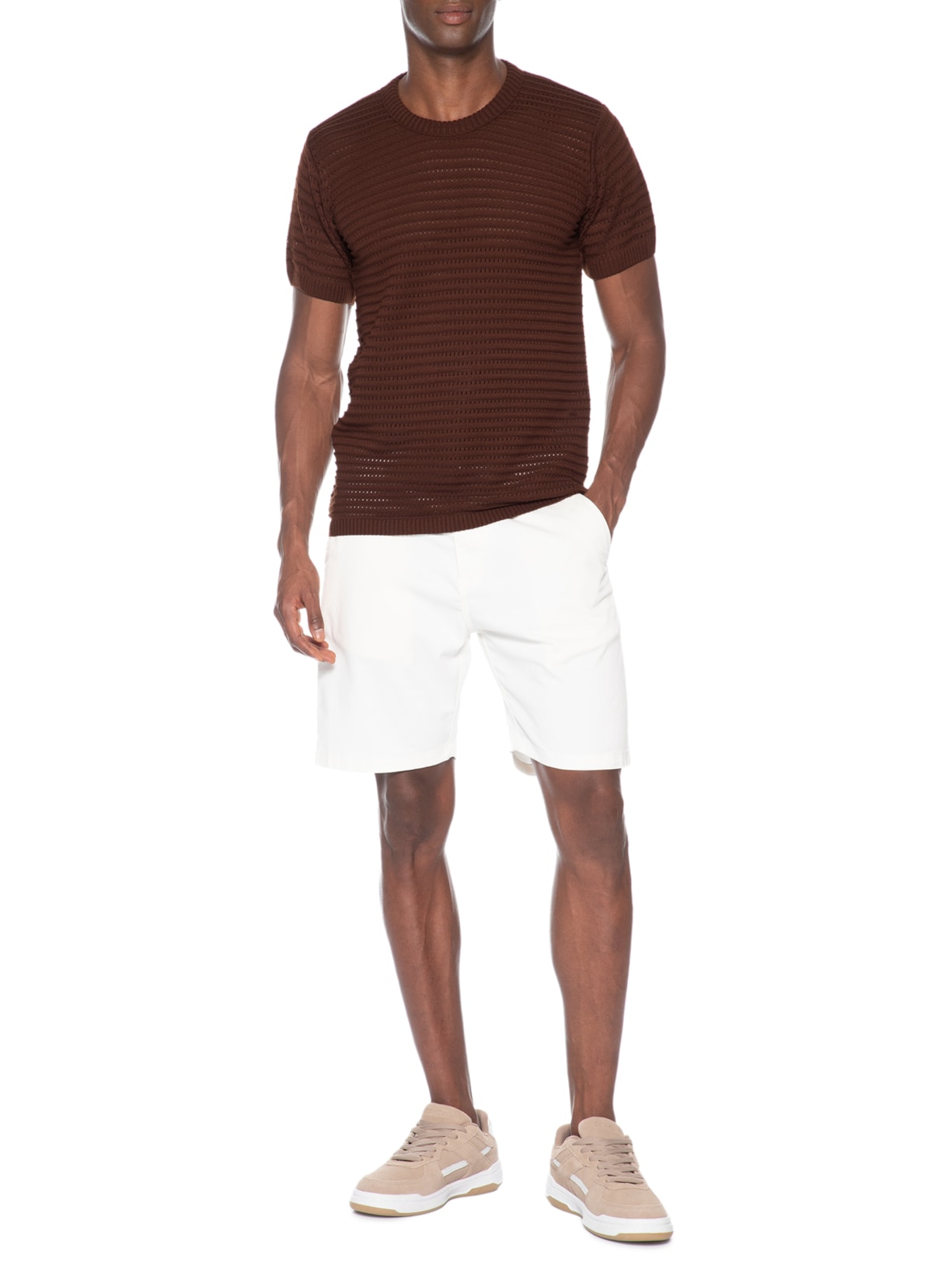 Camiseta Masculina Em Tricot Texturizada – Marrom Basiq Men