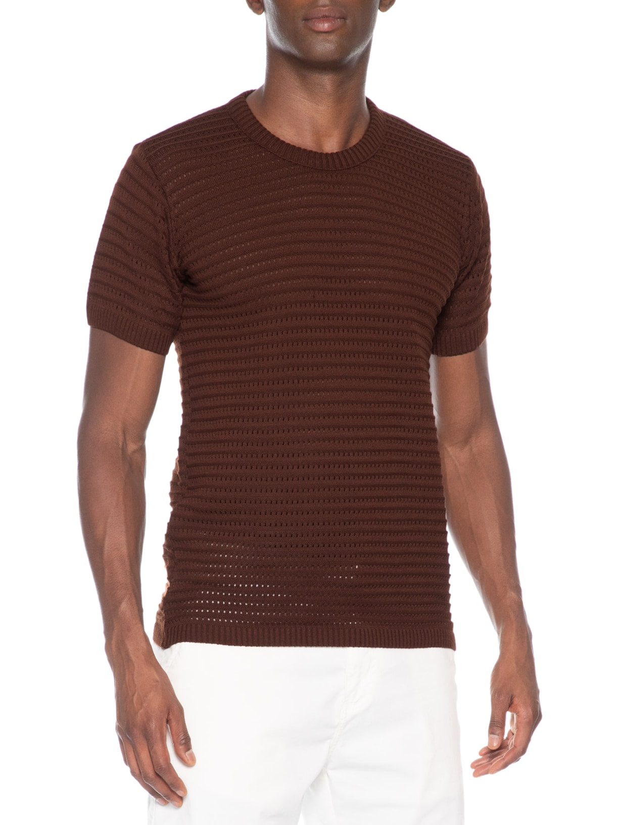 Camiseta Masculina Em Tricot Texturizada – Marrom Basiq Men