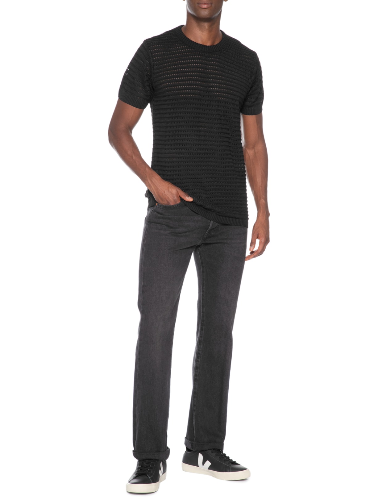 Camiseta Masculina Em Tricot Texturizada – Preto Basiq Men