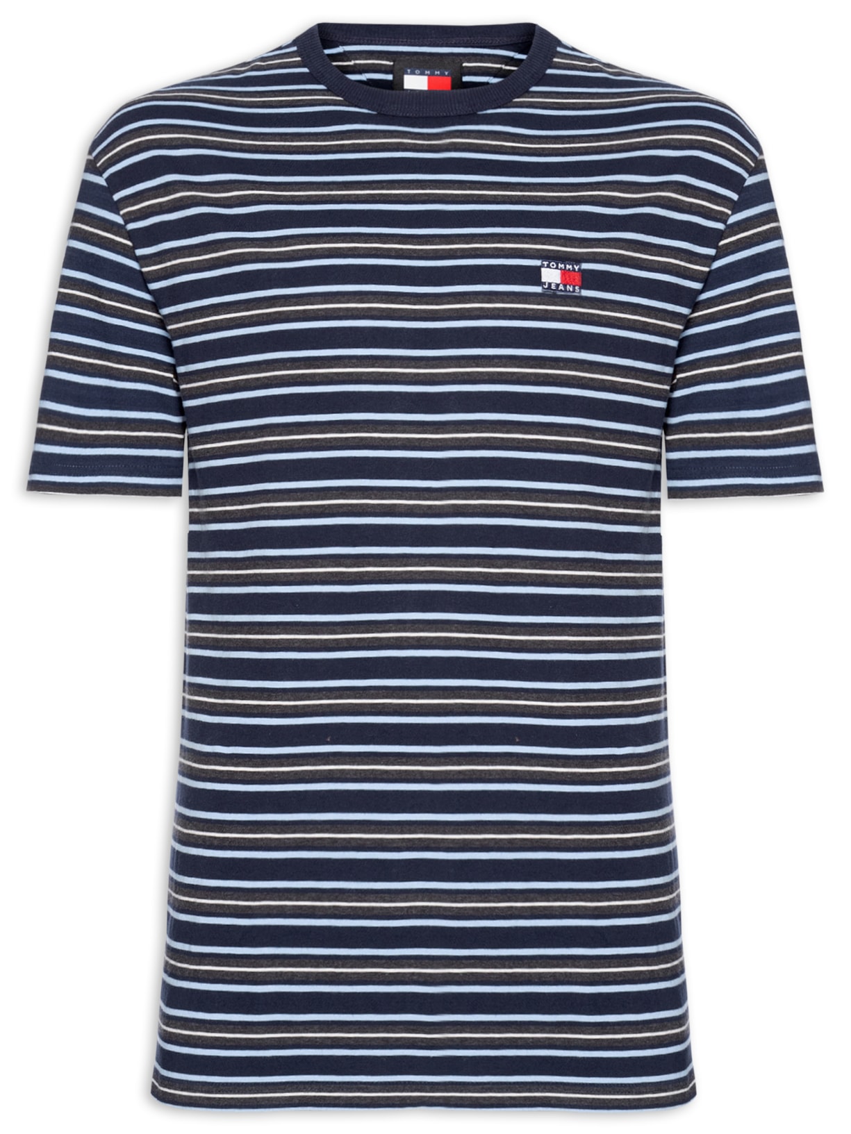 Camiseta Masculina Emblema Regular Fit Listrada em Algodão - Azul