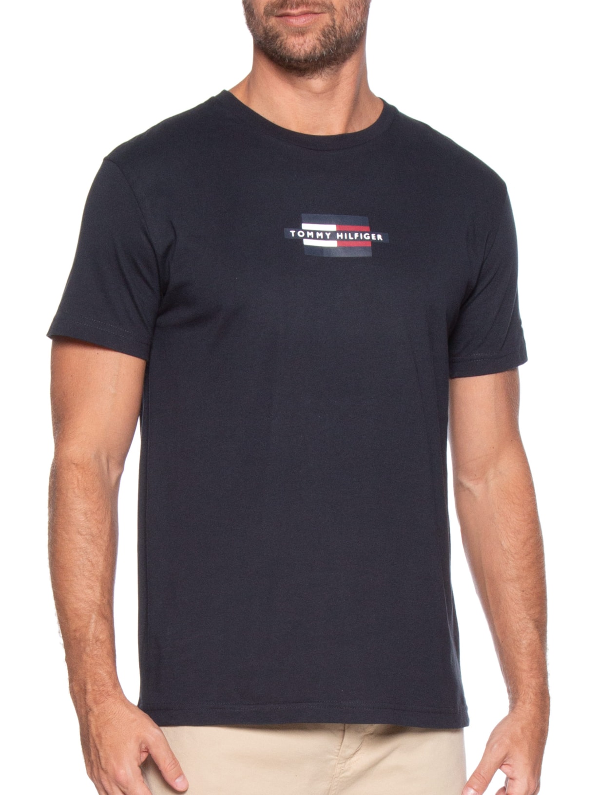 Camiseta Masculina Estampa Flag Box Regular Fit Em Algodão Azul Tommy Hilfiger