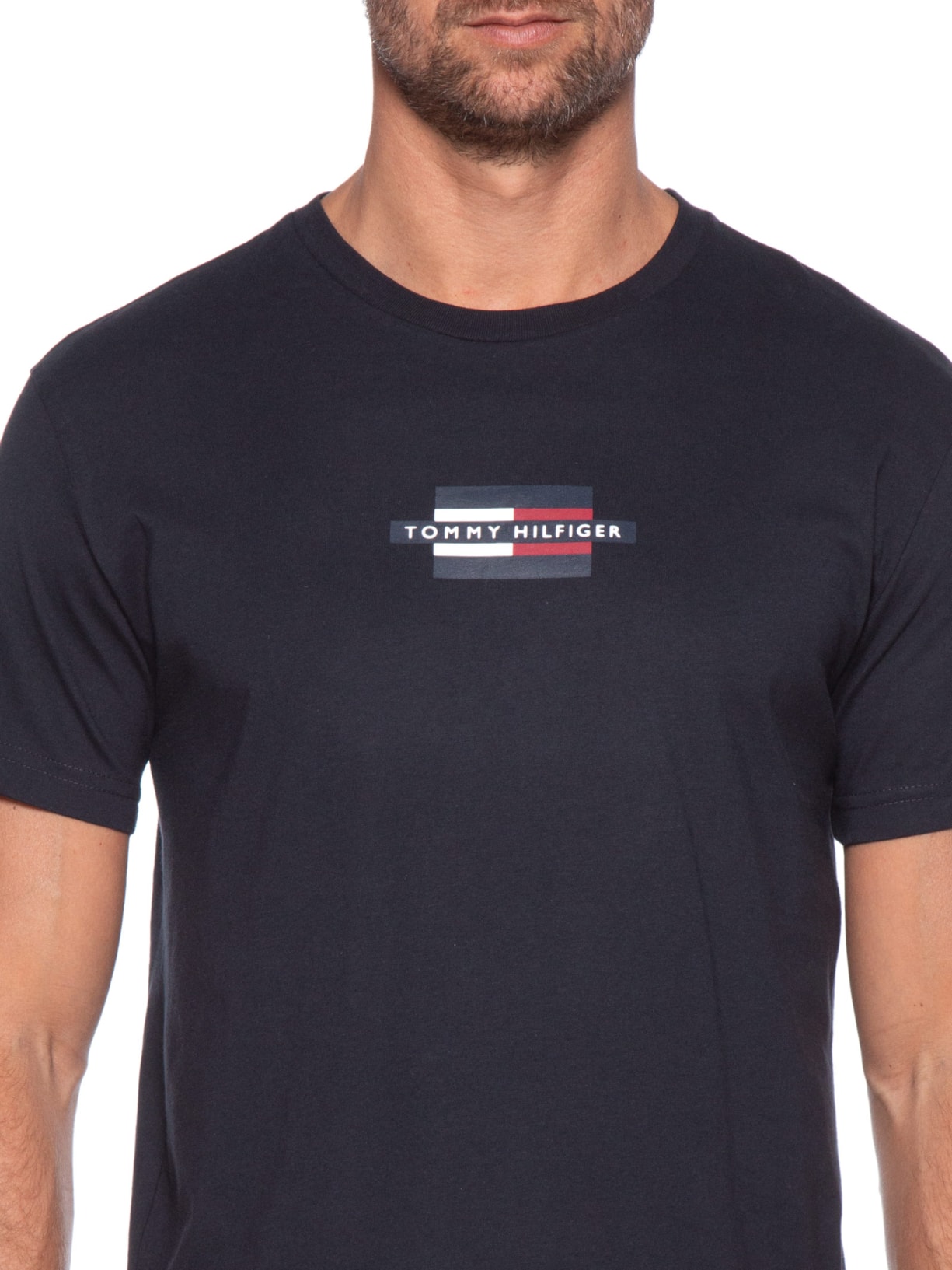 Camiseta Masculina Estampa Flag Box Regular Fit Em Algodão Azul Tommy Hilfiger