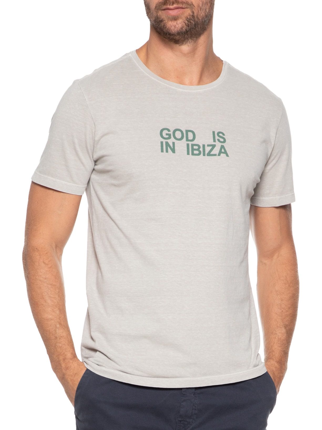 Camiseta Masculina Estampada God Is in Ibiza Cinza Sergio K