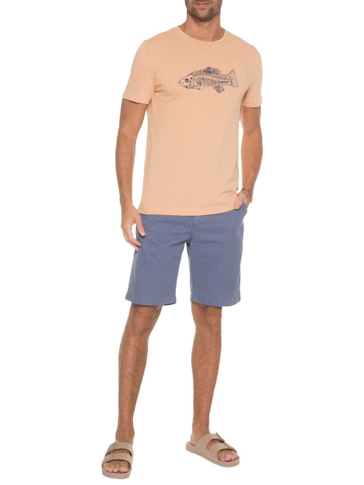 Camiseta Masculina Estampada Peixe Bege Barche