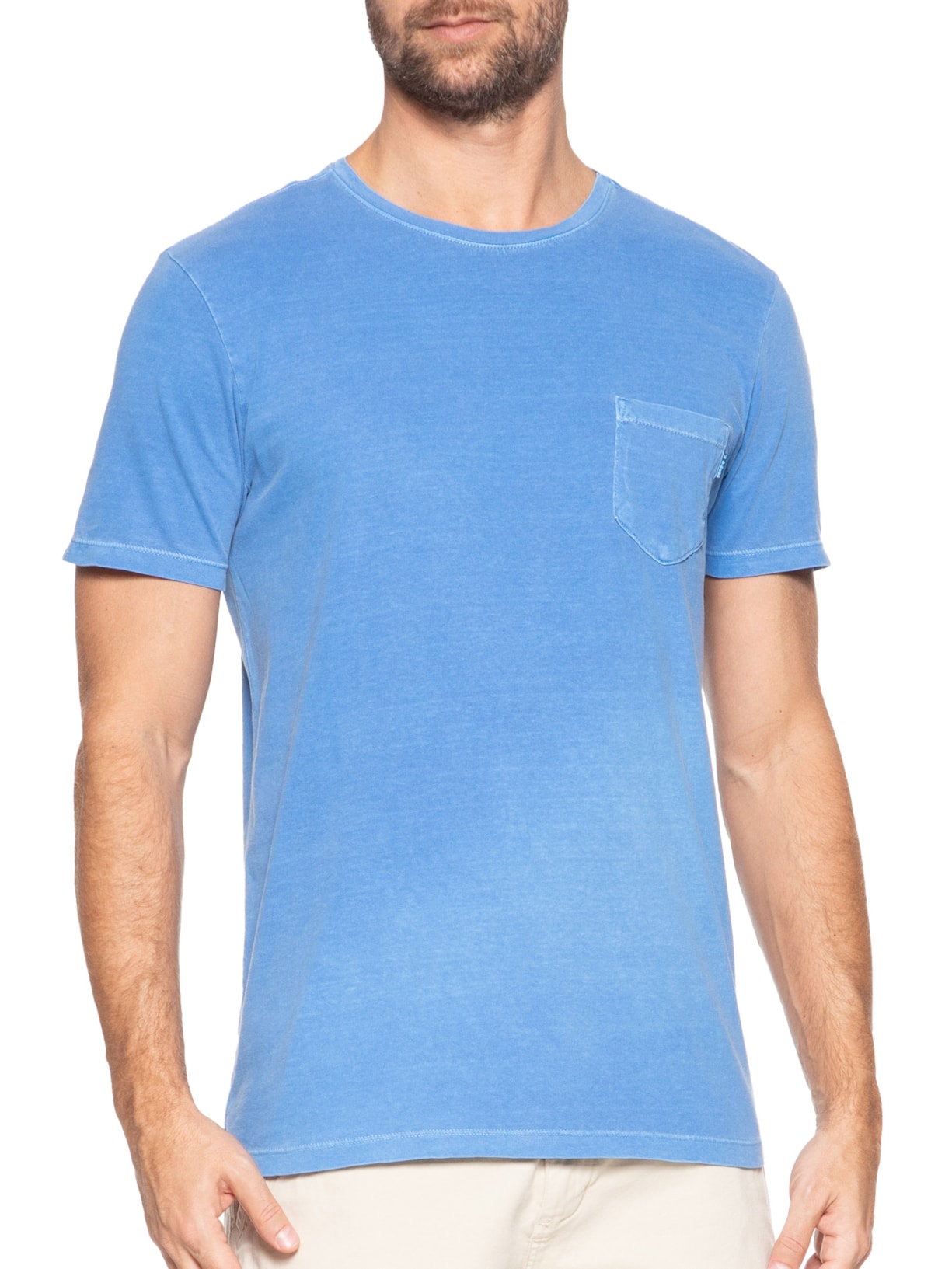 Camiseta Masculina Estonada Com Bolso Gola Careca Azul Sergio K