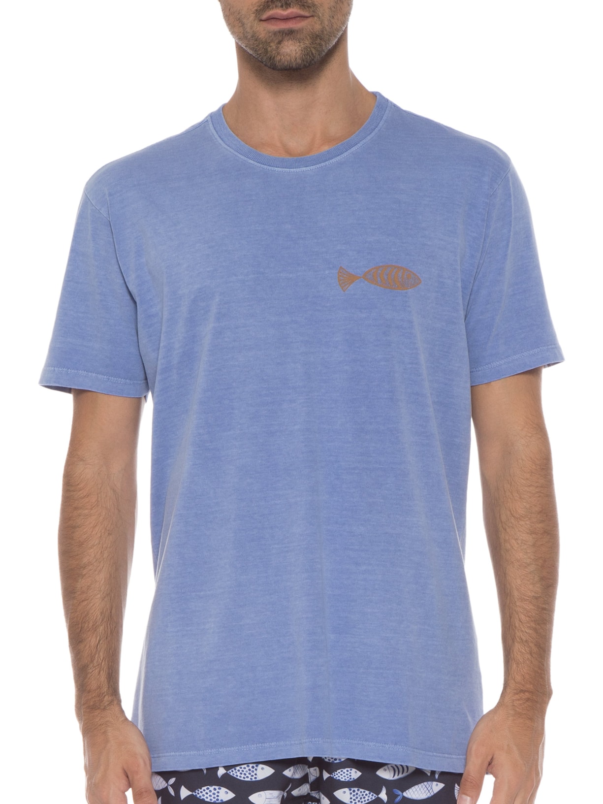 Camiseta Masculina Estonada Estampada Peixes Fernanda Machado Azul Barche