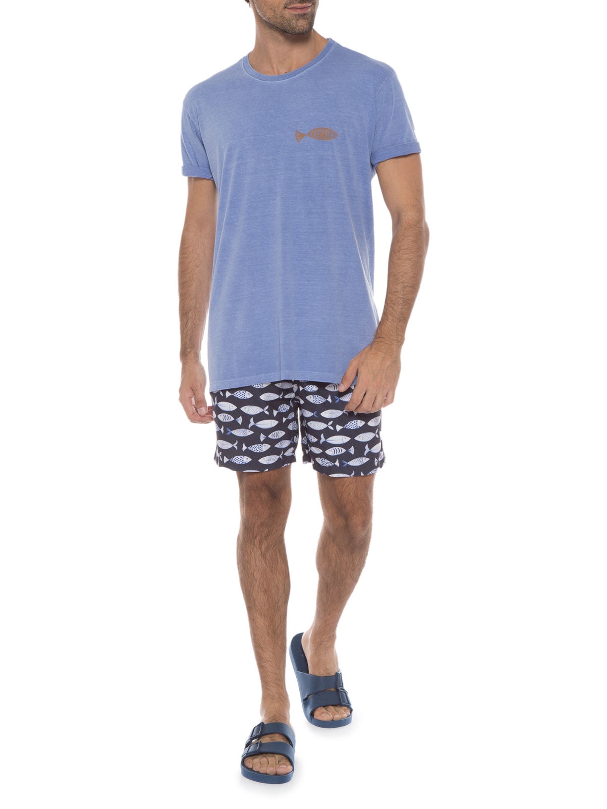 Camiseta Masculina Estonada Estampada Peixes Fernanda Machado Azul Barche