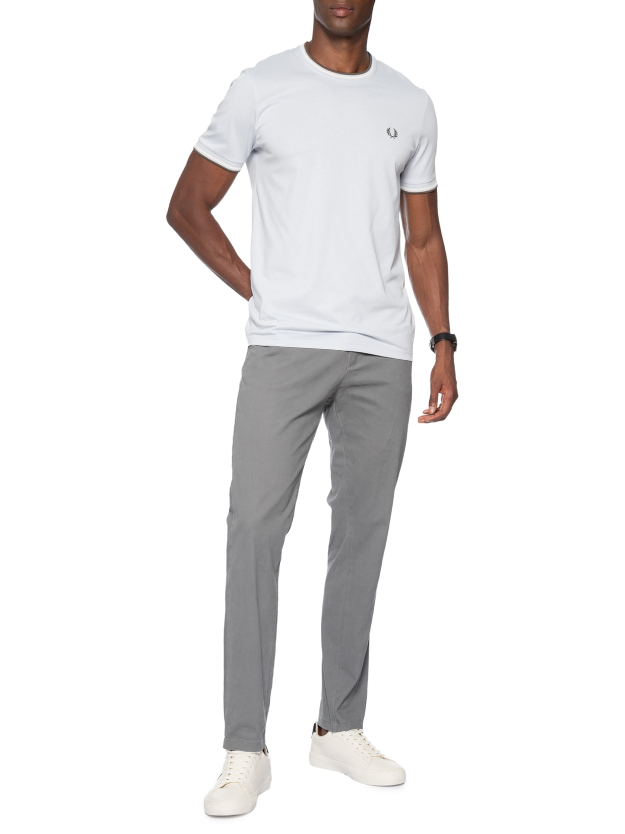 Camiseta Masculina Friso Duplo Regular Fit Em Algodão Azul Fred Perry