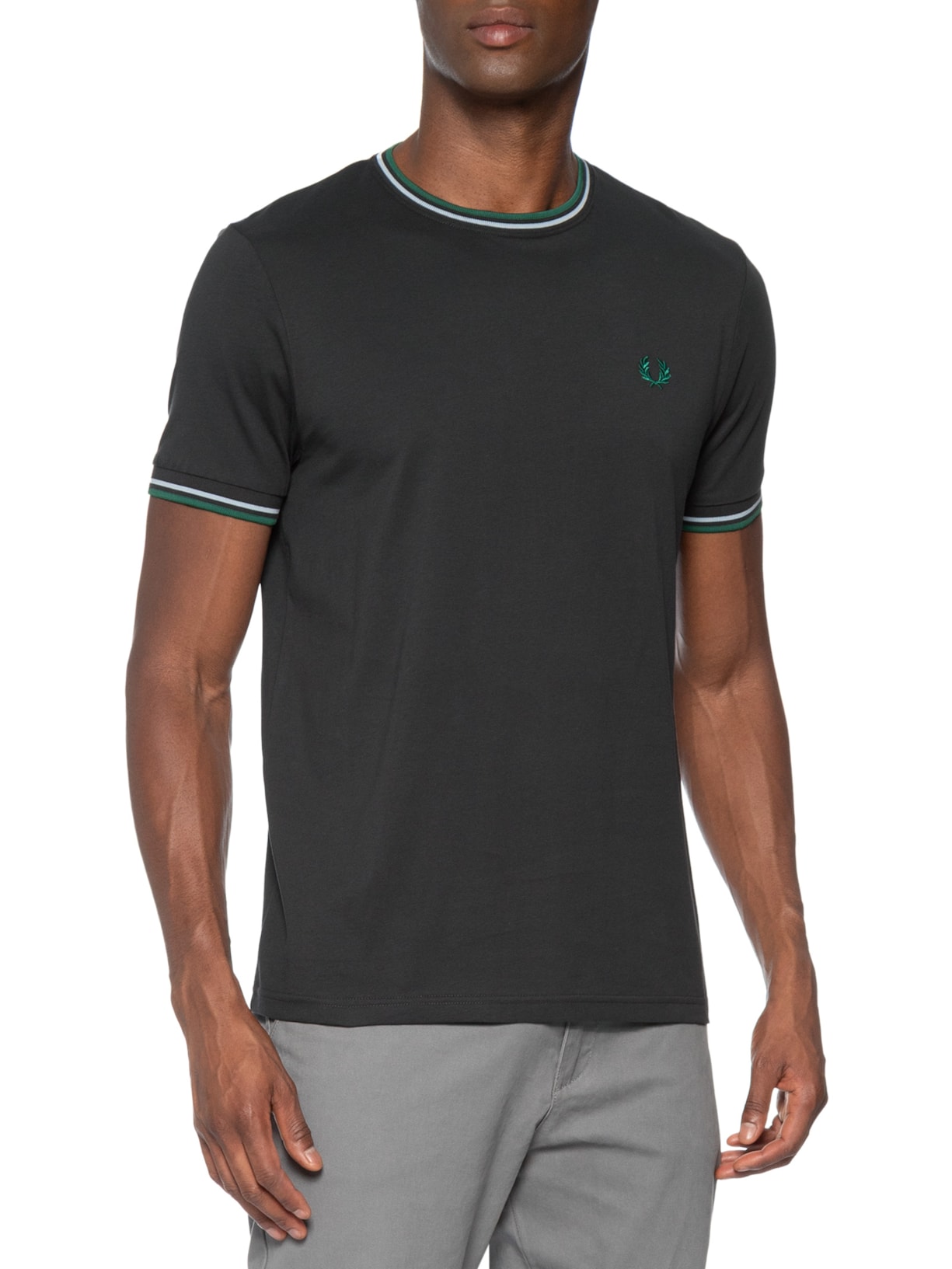 Camiseta Masculina Friso Duplo Regular Fit Em Algodão CInza Fred Perry
