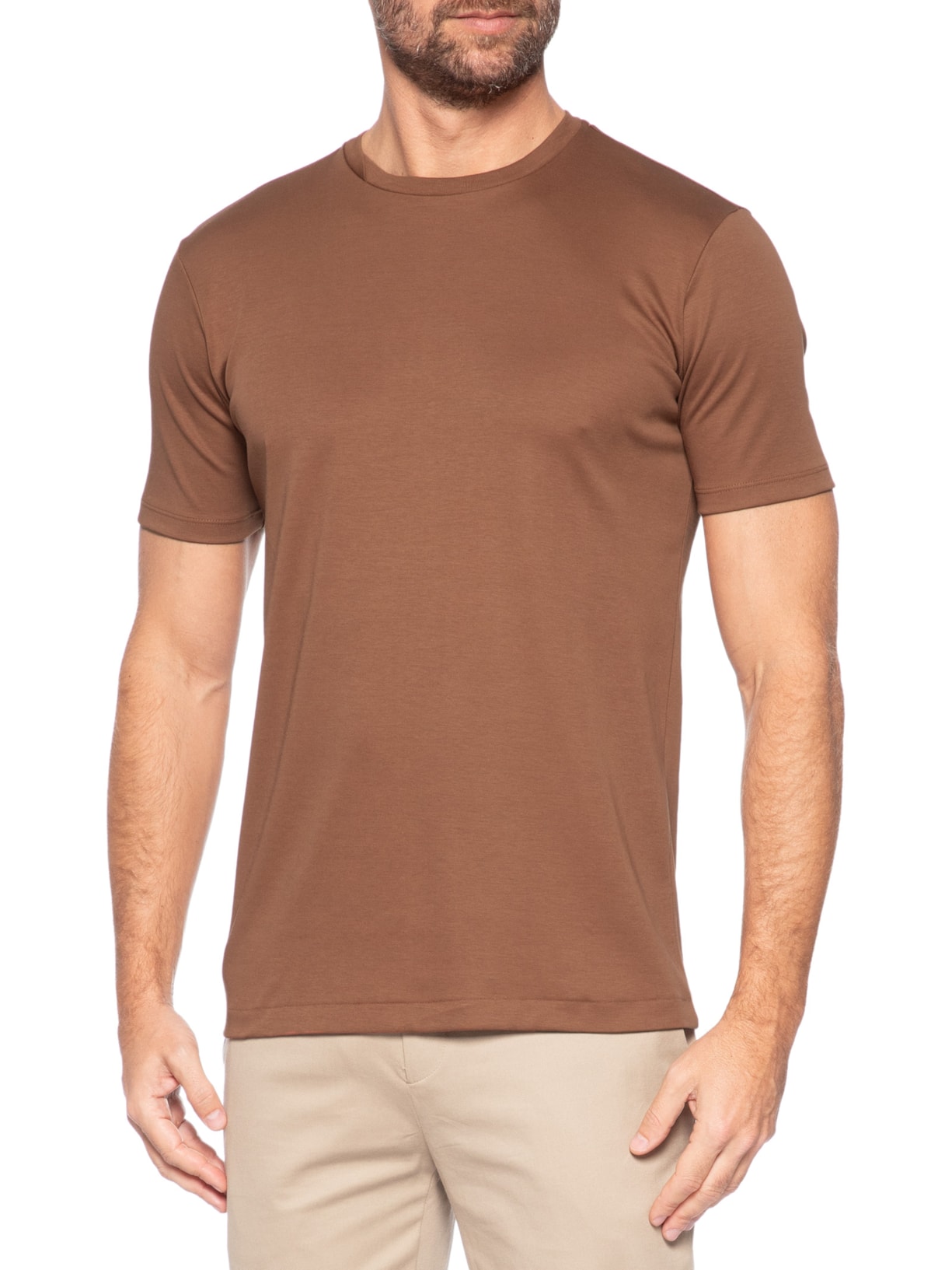 Camiseta Masculina Gola Cruzada Em Algodão Pima Marrom Ricardo Almeida
