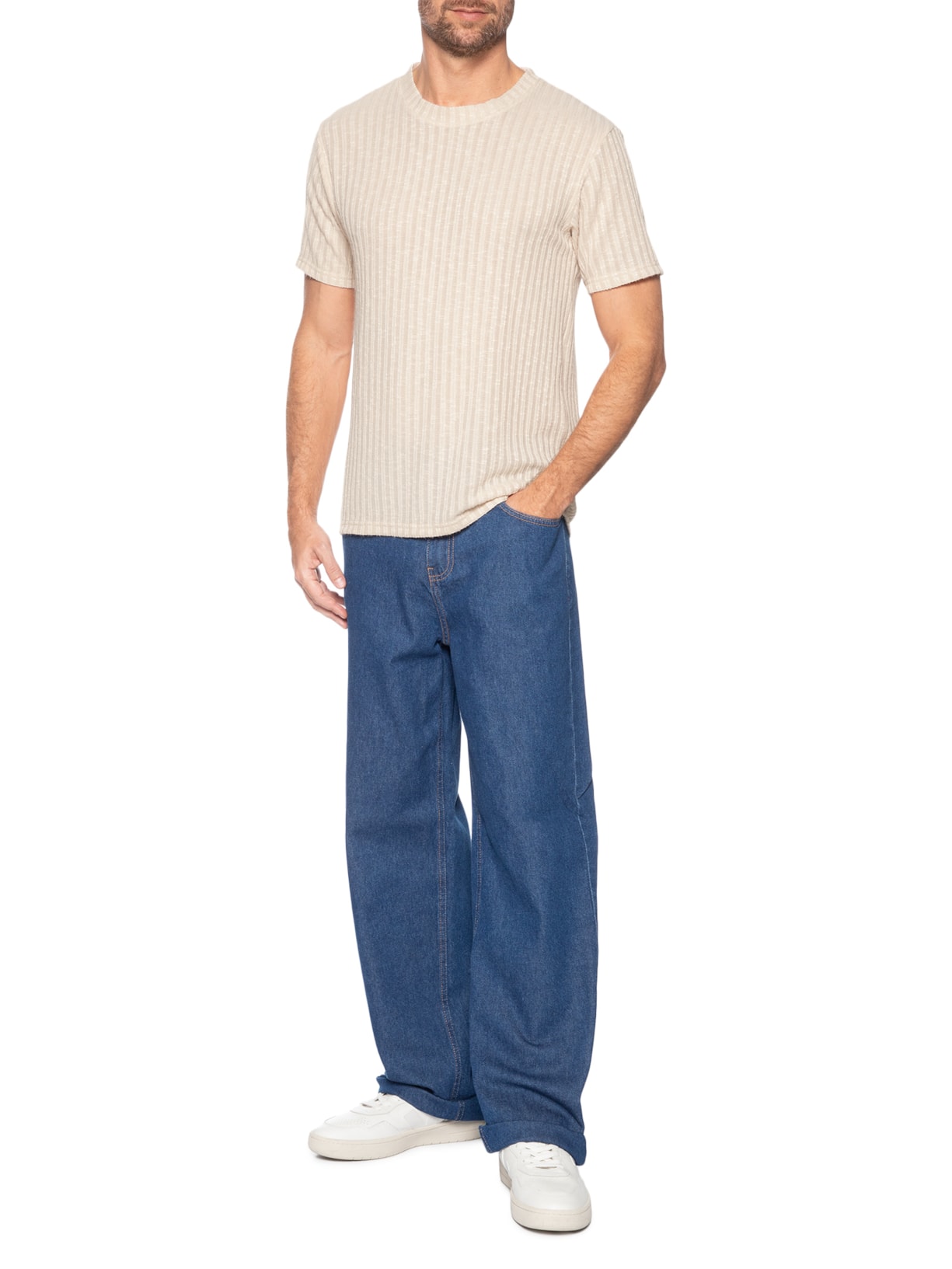 Camiseta Masculina Gola Redonda Com Textura Bege Basiq Men