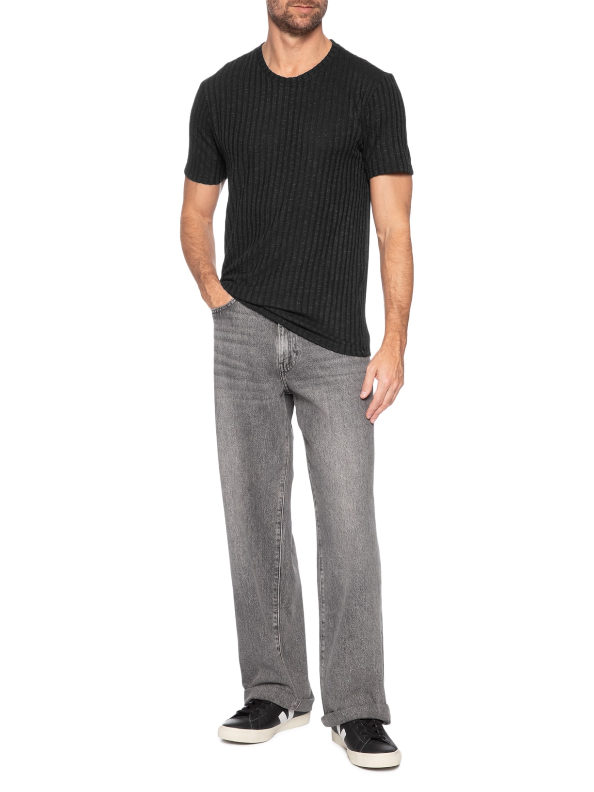 Camiseta Masculina Gola Redonda Com Textura Preto Basiq Men