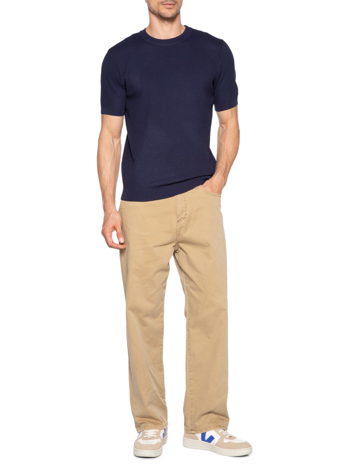 Camiseta Masculina Gola Redonda Em Tricot Azul '2 Essential