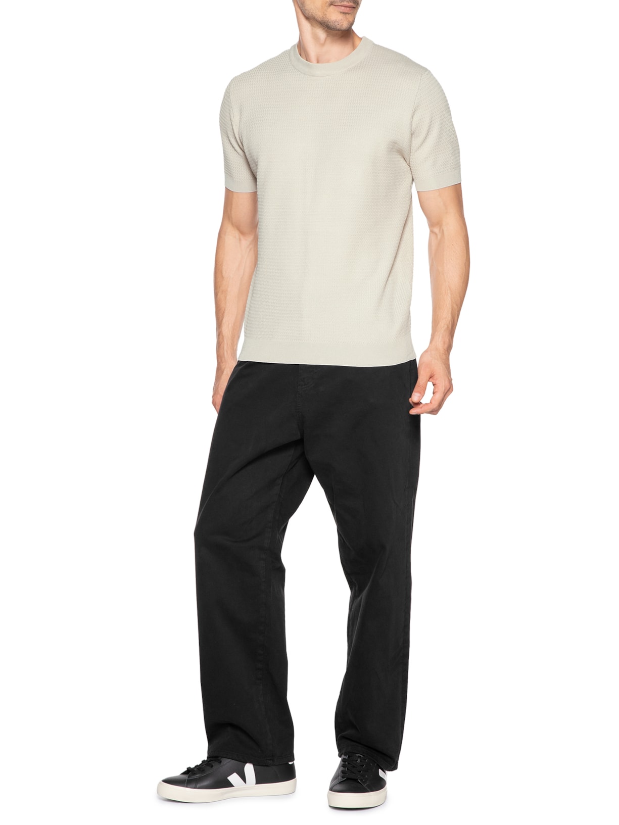 Camiseta Masculina Gola Redonda Em Tricot Bege '2 Essential