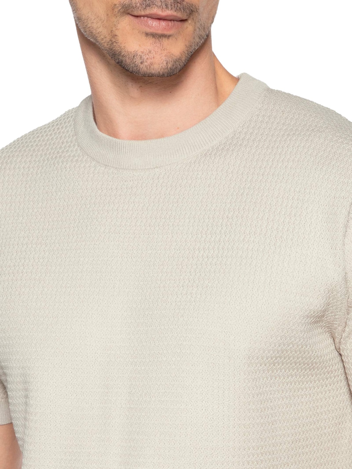 Camiseta Masculina Gola Redonda Em Tricot Bege '2 Essential