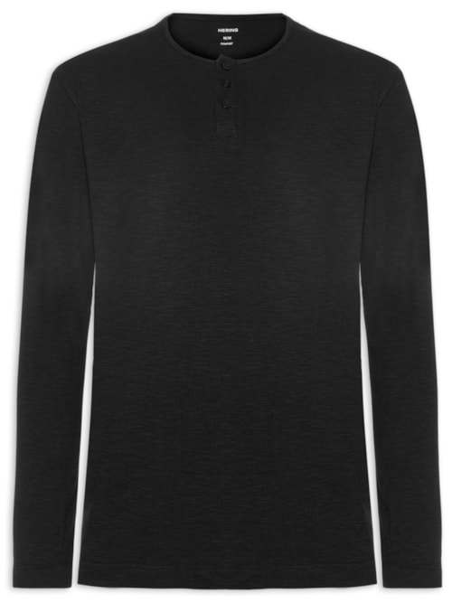 Camiseta Masculina Henley Ml Em Malha Th - Preto