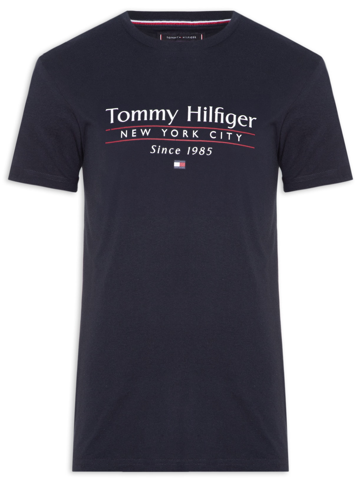 Camiseta Masculina Hilfiger Center Stack Logo Regular Fit Em Algodão - Azul