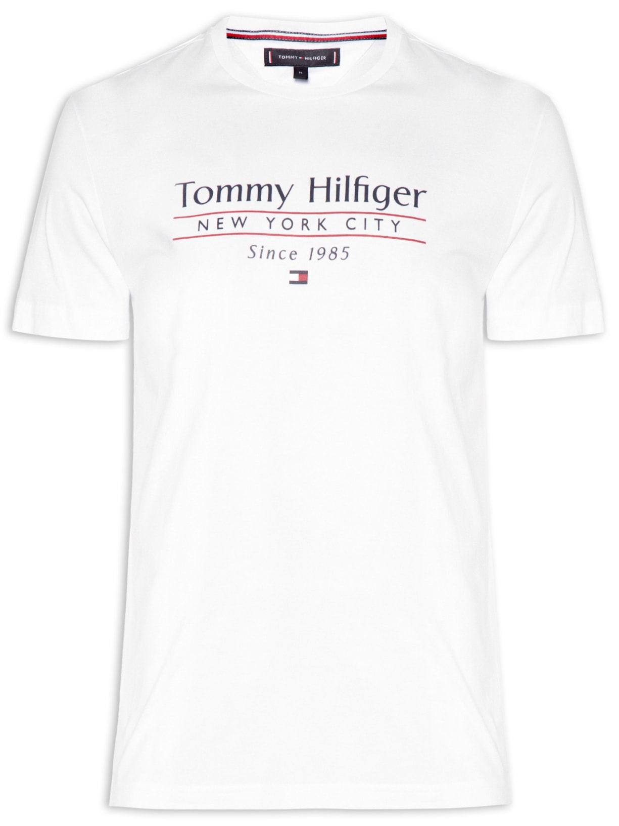 Camiseta Masculina Hilfiger Center Stack Logo Regular Fit Em Algodão - Branco