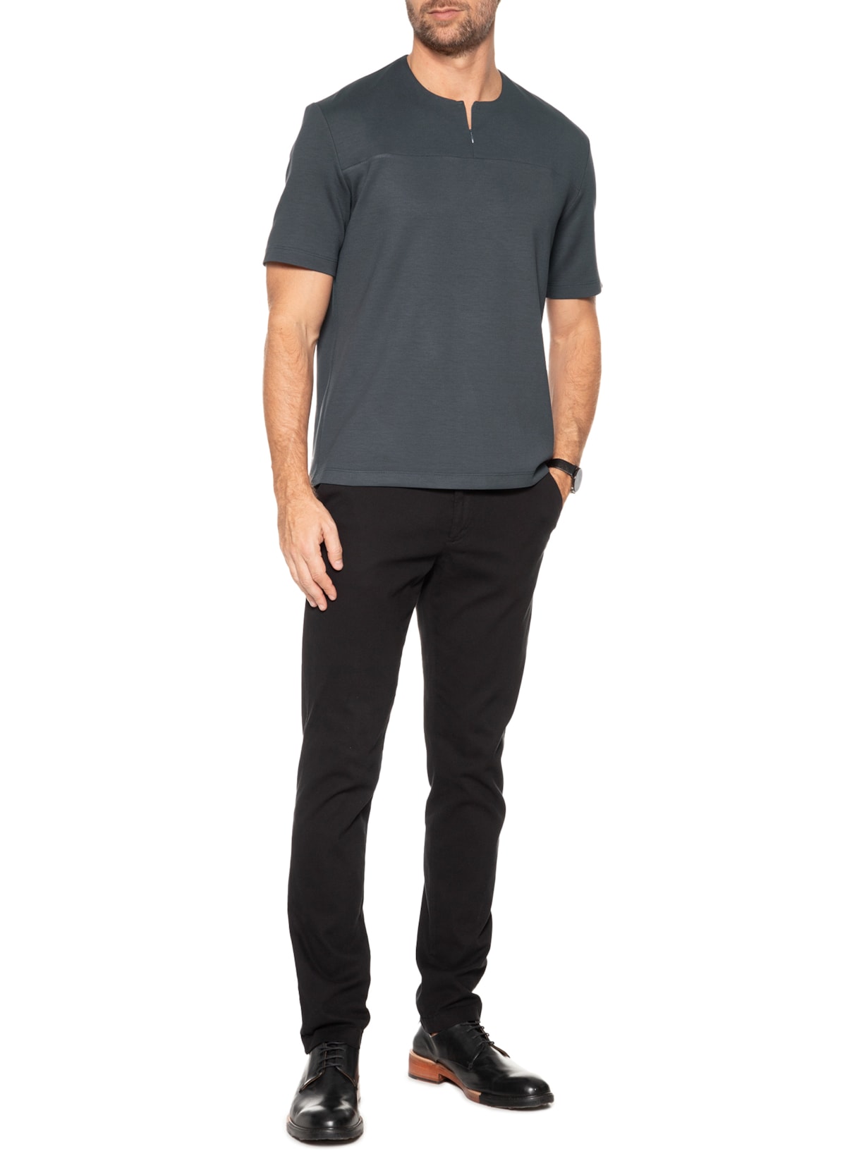 Camiseta Masculina Homemeeting Em Malha Interlock Com Zíper Invisível Cinza Ricardo Almeida