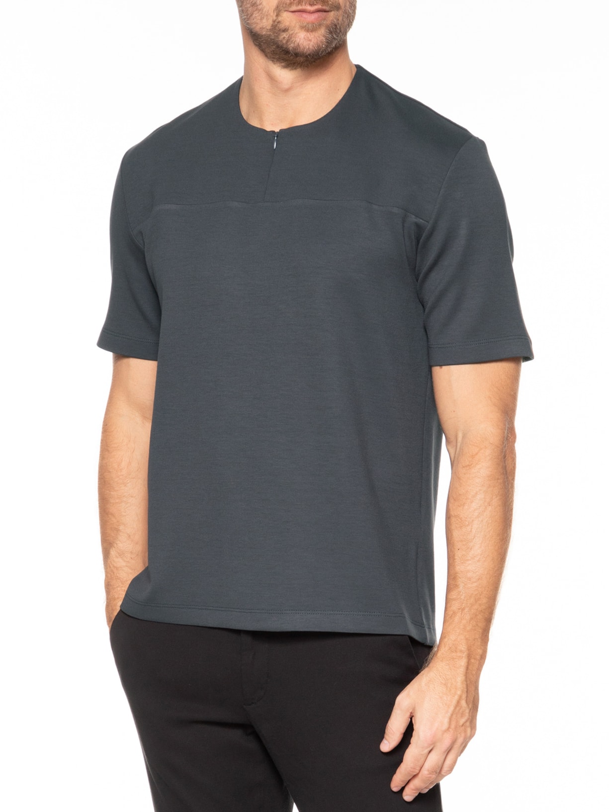 Camiseta Masculina Homemeeting Em Malha Interlock Com Zíper Invisível Cinza Ricardo Almeida