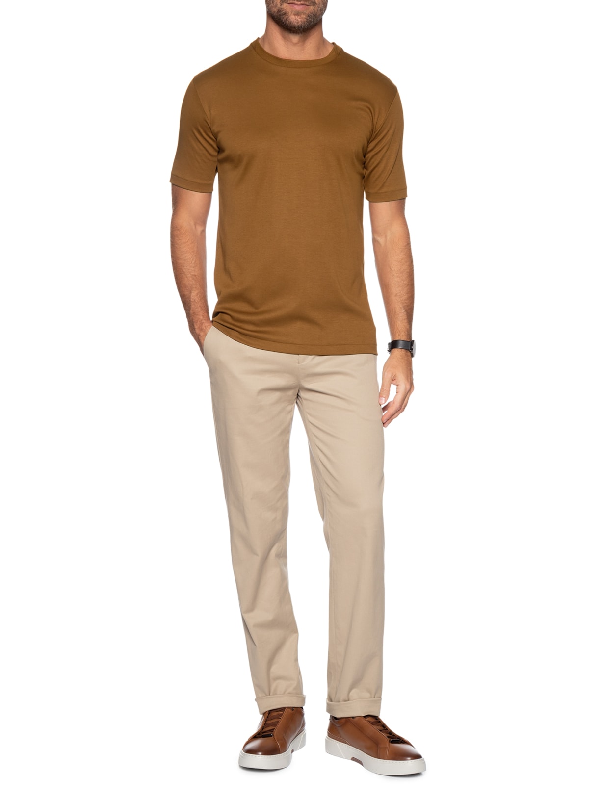 Camiseta Masculina Interlock De Gola Em Algodão Pima Bege Ricardo Almeida