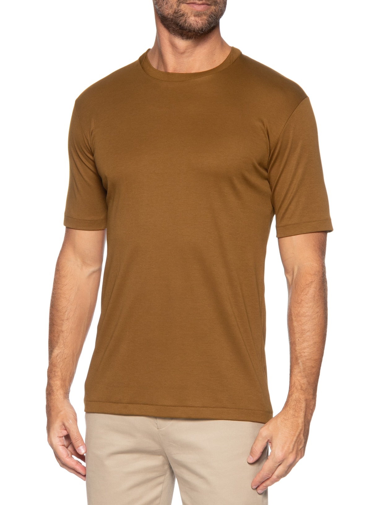 Camiseta Masculina Interlock De Gola Em Algodão Pima Bege Ricardo Almeida