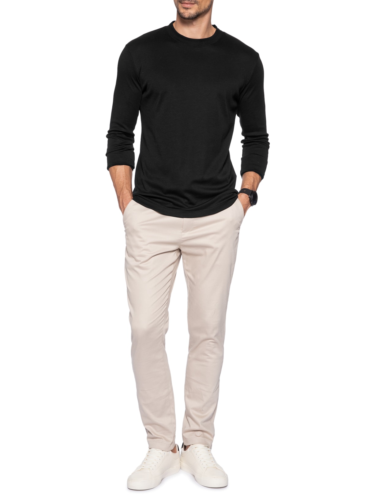 Camiseta Masculina Interlock Manga Longa Gola Média Preto Ricardo Almeida