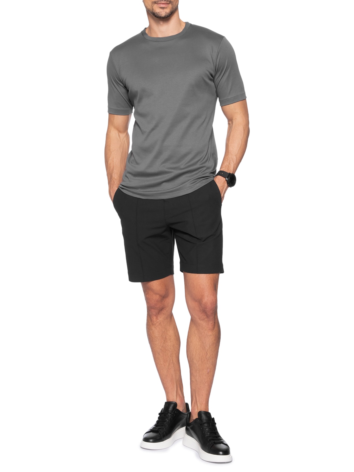 Camiseta Masculina Interlock Sobreposição de Gola Em Algodão Pima Cinza Ricardo Almeida