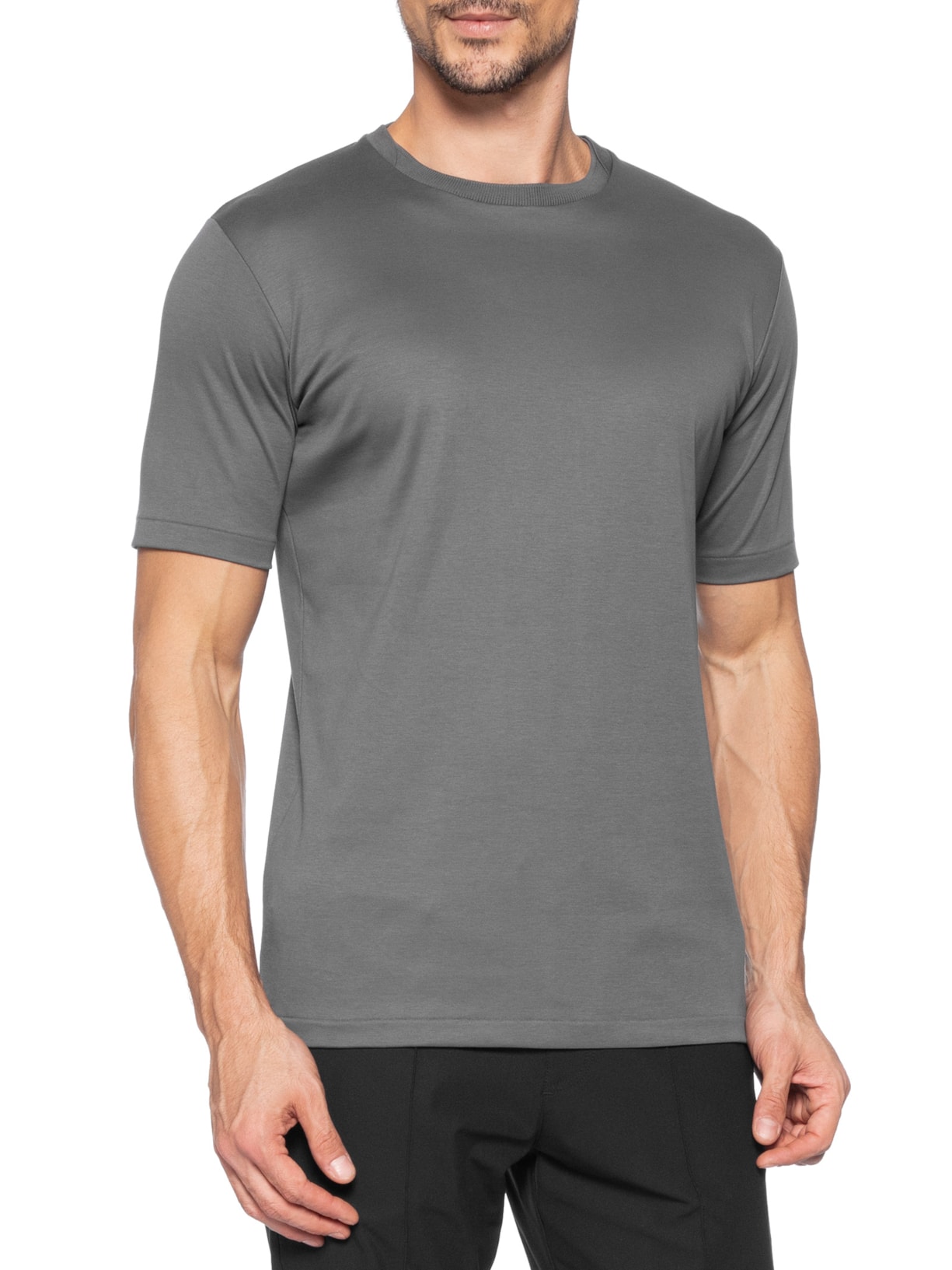 Camiseta Masculina Interlock Sobreposição de Gola Em Algodão Pima Cinza Ricardo Almeida