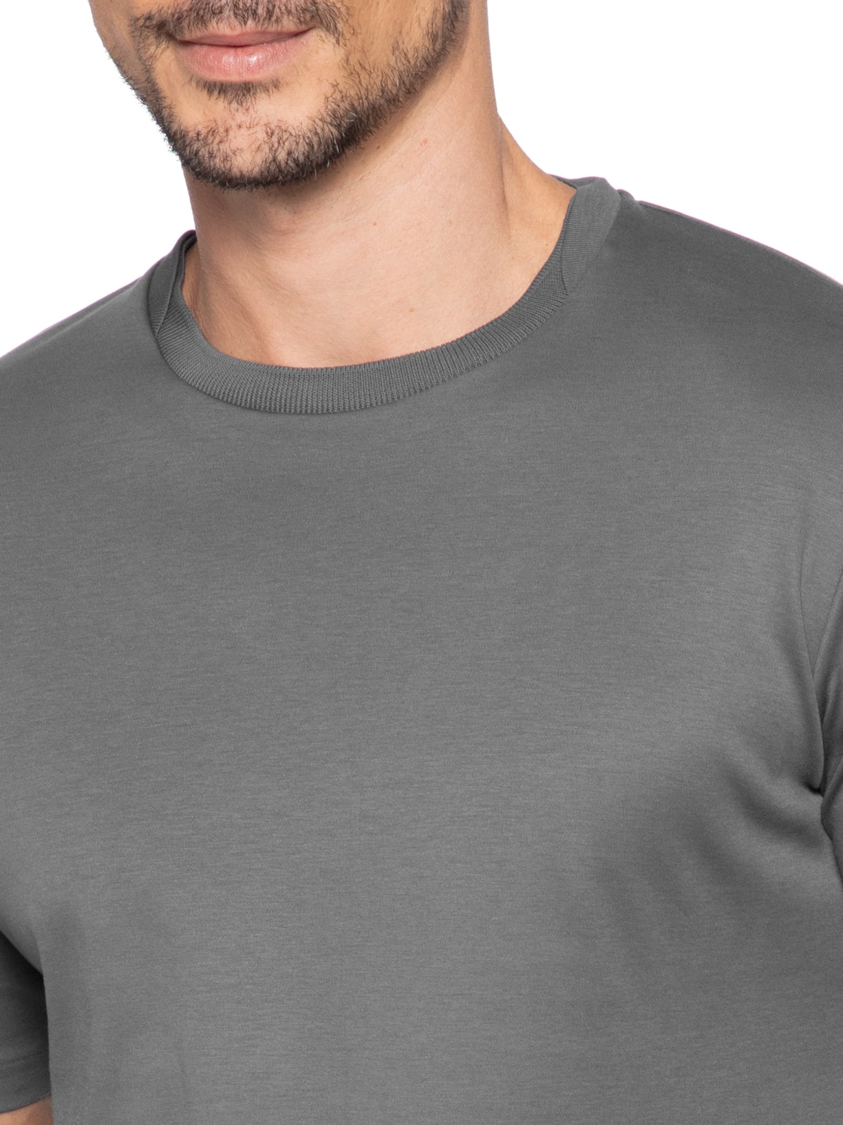 Camiseta Masculina Interlock Sobreposição de Gola Em Algodão Pima Cinza Ricardo Almeida