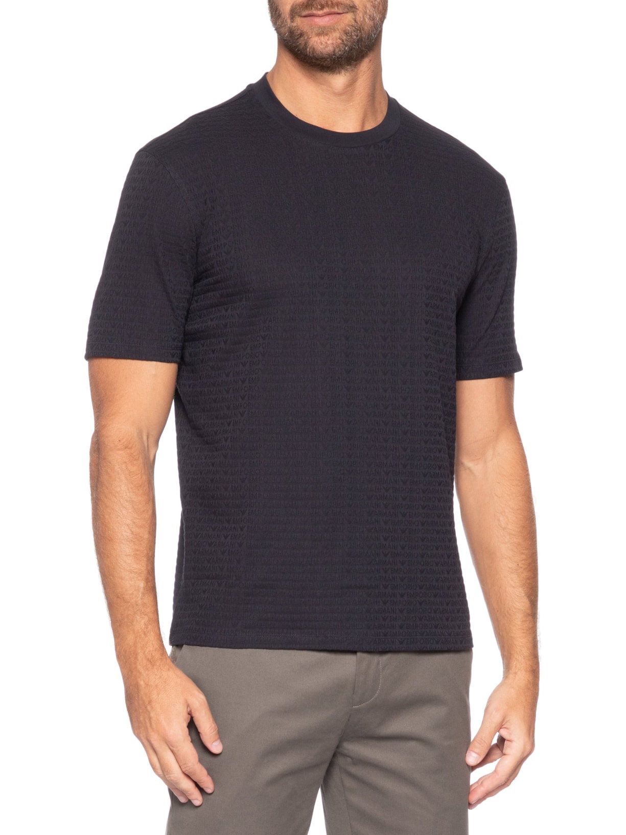 Camiseta Masculina Jersey All-Over Jacquard Lettering Azul Emporio Armani