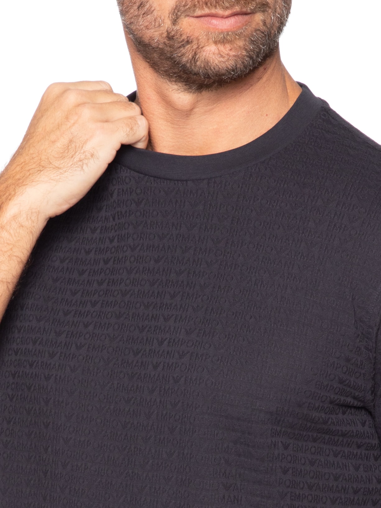 Camiseta Masculina Jersey All-Over Jacquard Lettering Azul Emporio Armani