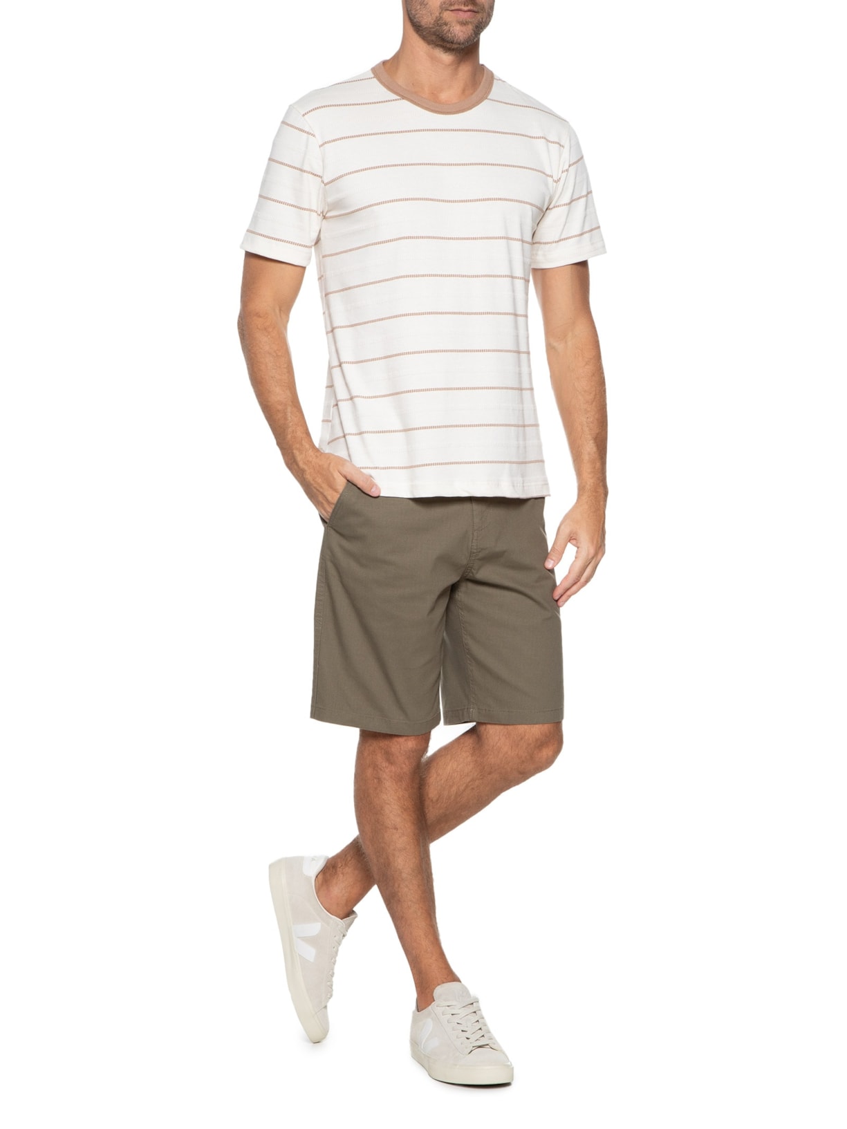 Camiseta Masculina Listrada Fio Tinto Branco Hering