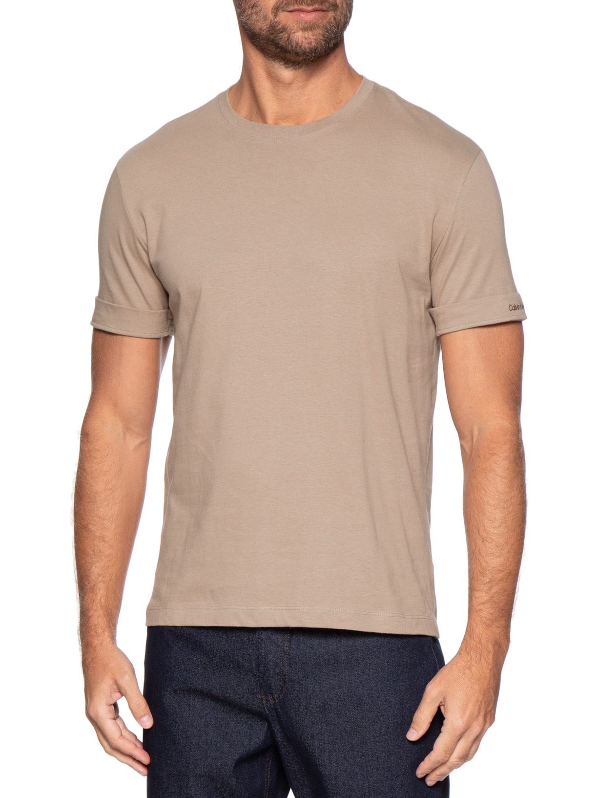Camiseta Masculina Logo Bordado Manga Bege Calvin Klein Jeans