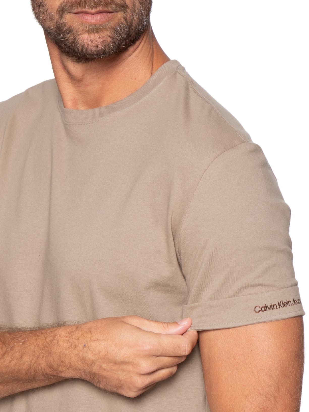 Camiseta Masculina Logo Bordado Manga Bege Calvin Klein Jeans