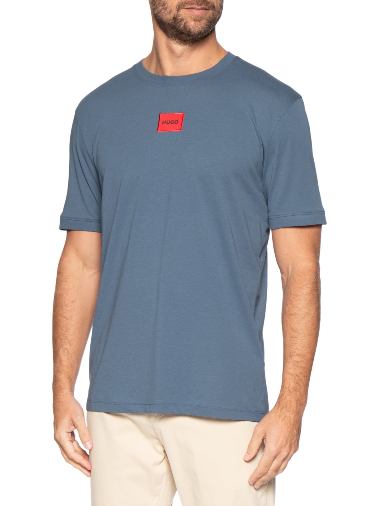 Camiseta Masculina Logo-Label Crew Neck Diragolino Azul Hugo