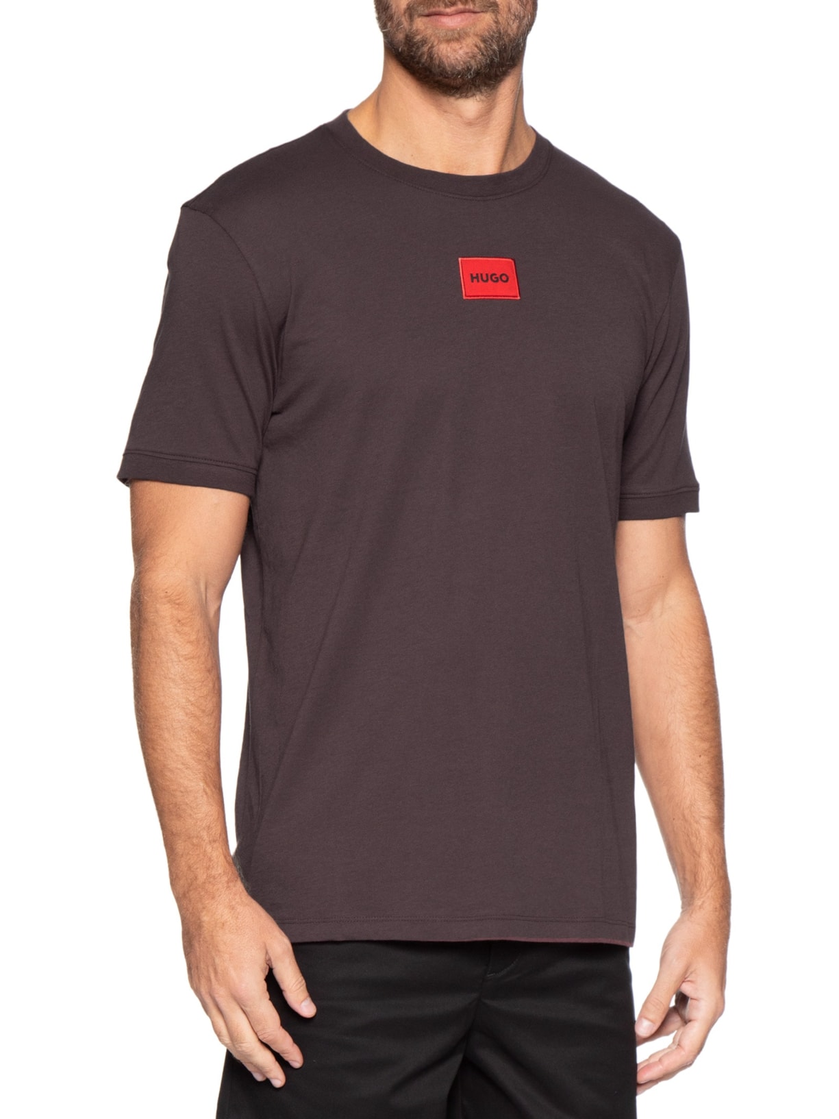 Camiseta Masculina Logo- Label Crew Neck Diragolino Marrom Hugo