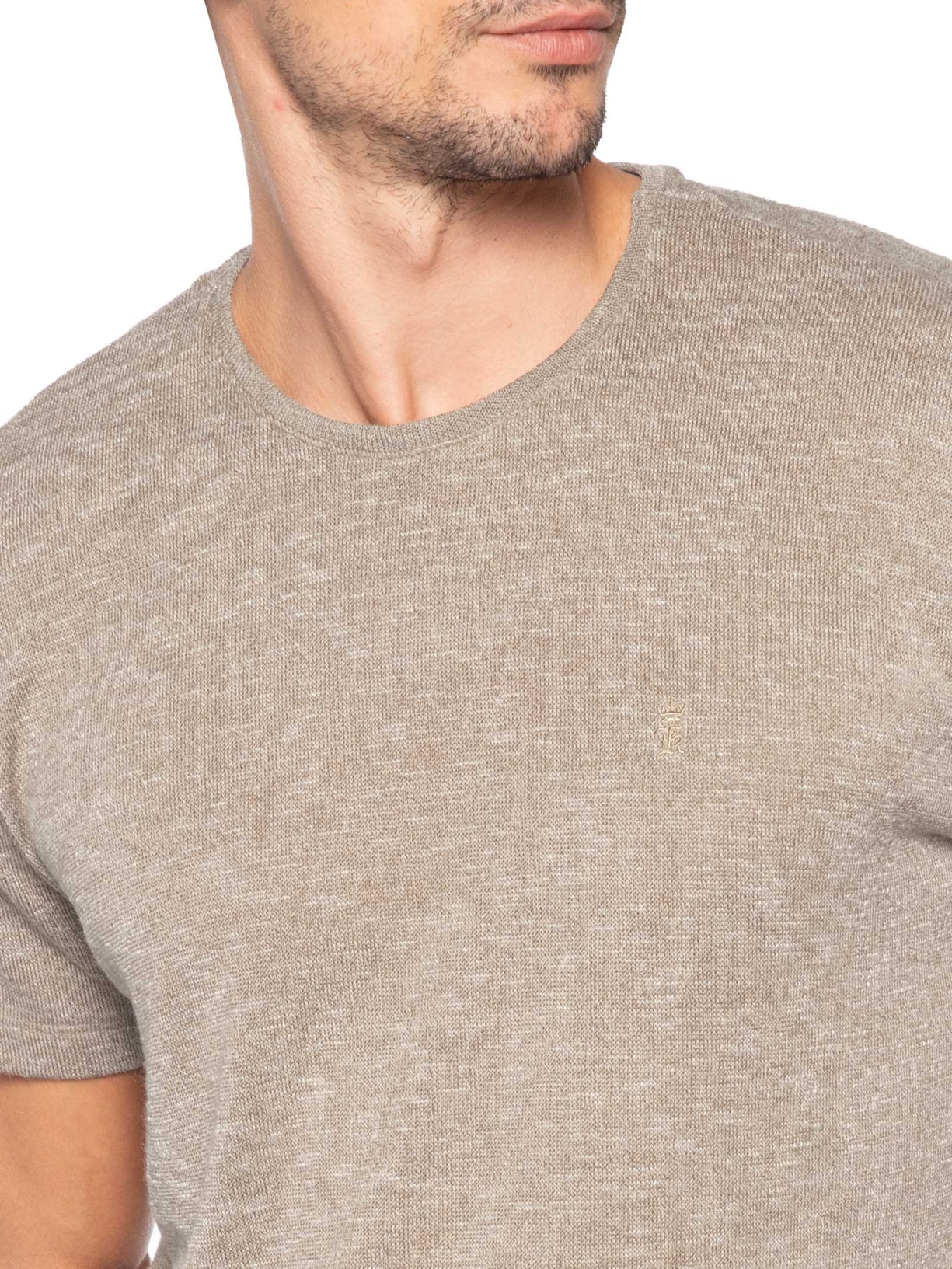 Camiseta Masculina Malha Tricot Gola Careca Bege Sergio K