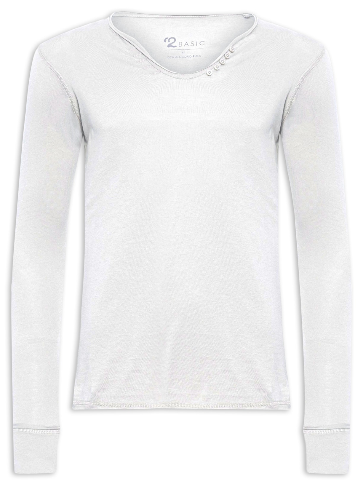 Camiseta Masculina Manga Com Botões Acabamento A Fio Slim Fit Algodão Longa Pima - Branco
