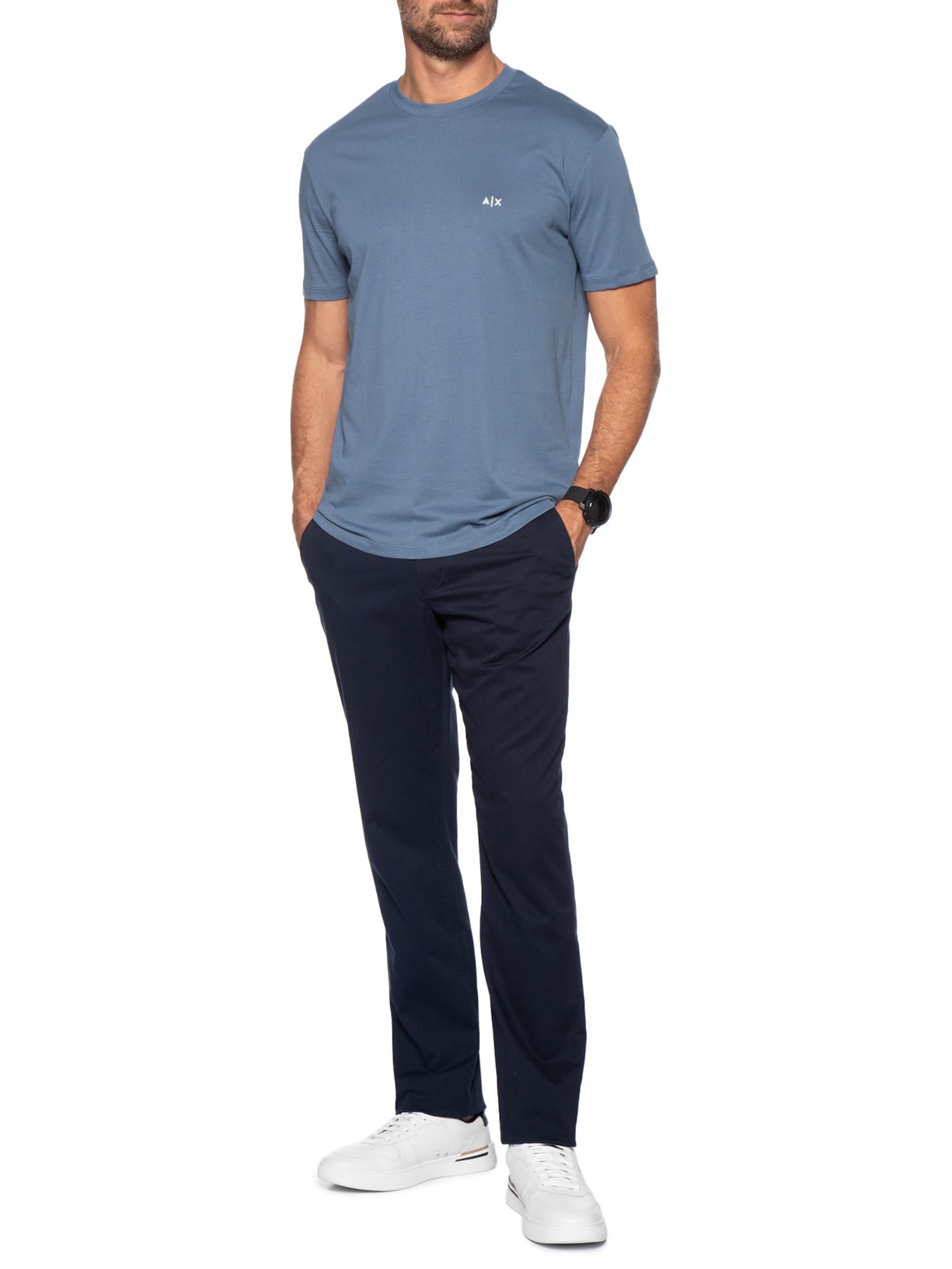 Camiseta Masculina Manga Curta AX Mini Bordado Azul Armani Exchange