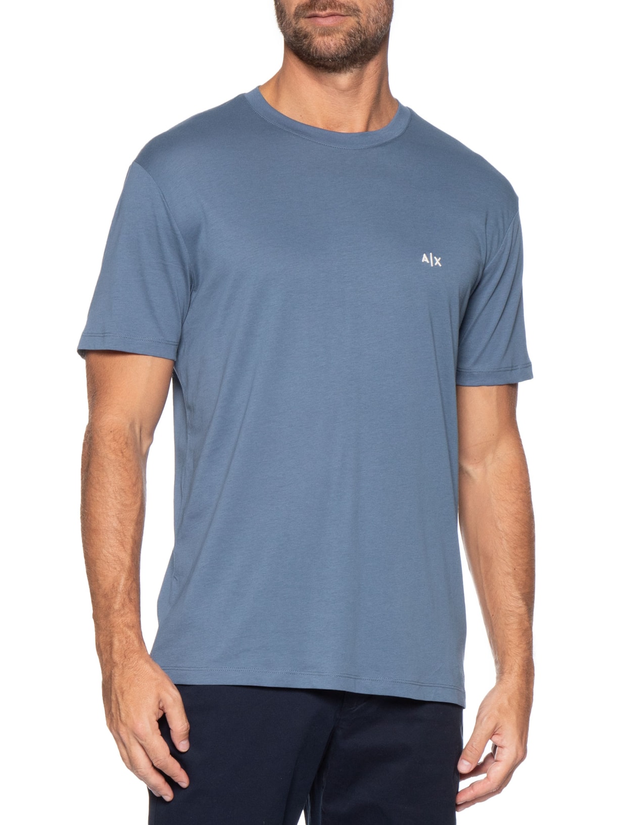 Camiseta Masculina Manga Curta AX Mini Bordado Azul Armani Exchange