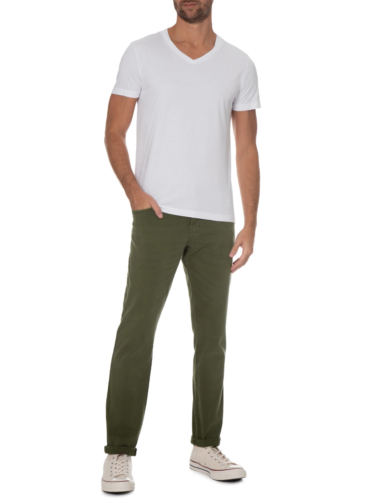 Camiseta Masculina Manga Curta Básica Gola V Branco Sergio K