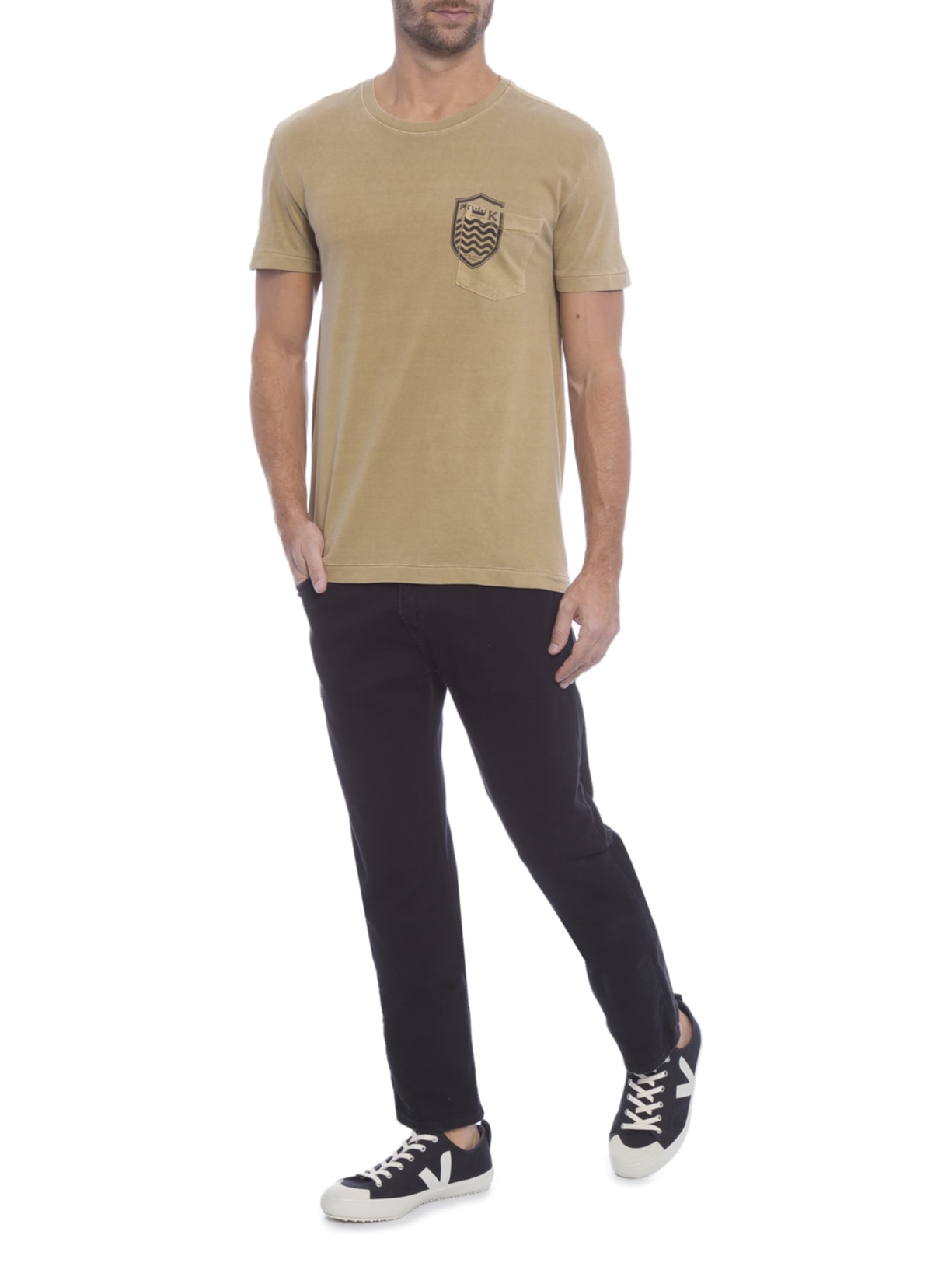 Camiseta Masculina  Manga Curta Bolso Brasão Bege Osklen