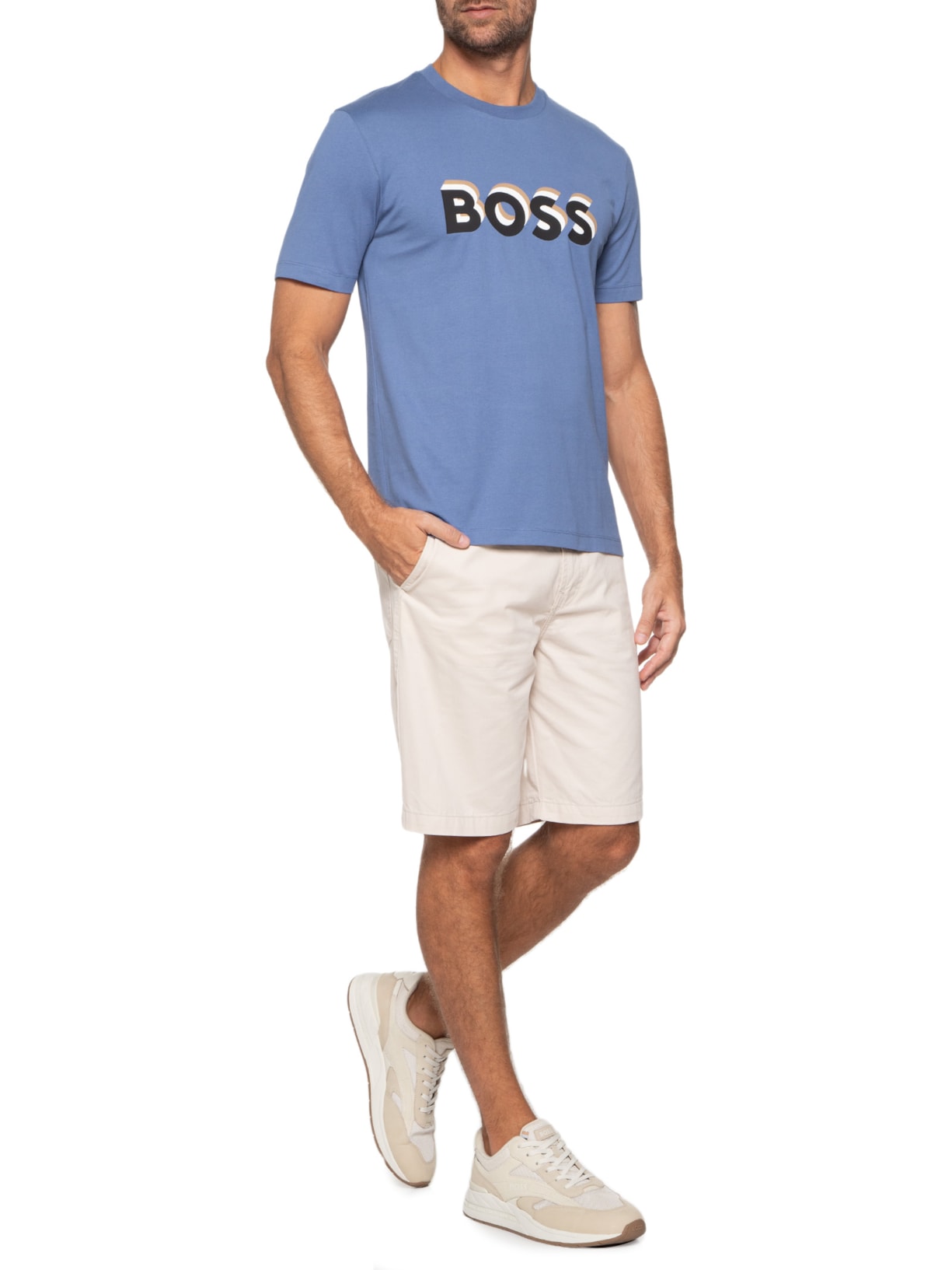 Camiseta Masculina Manga Curta Estampada Tiburt Azul Boss