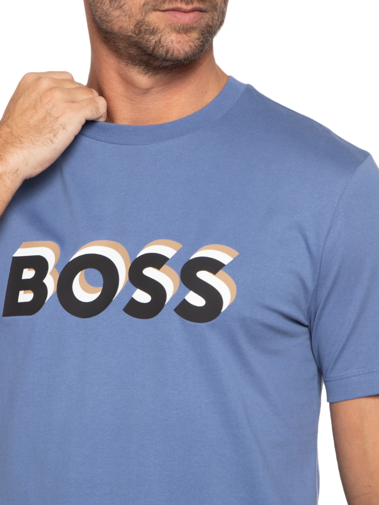 Camiseta Masculina Manga Curta Estampada Tiburt Azul Boss